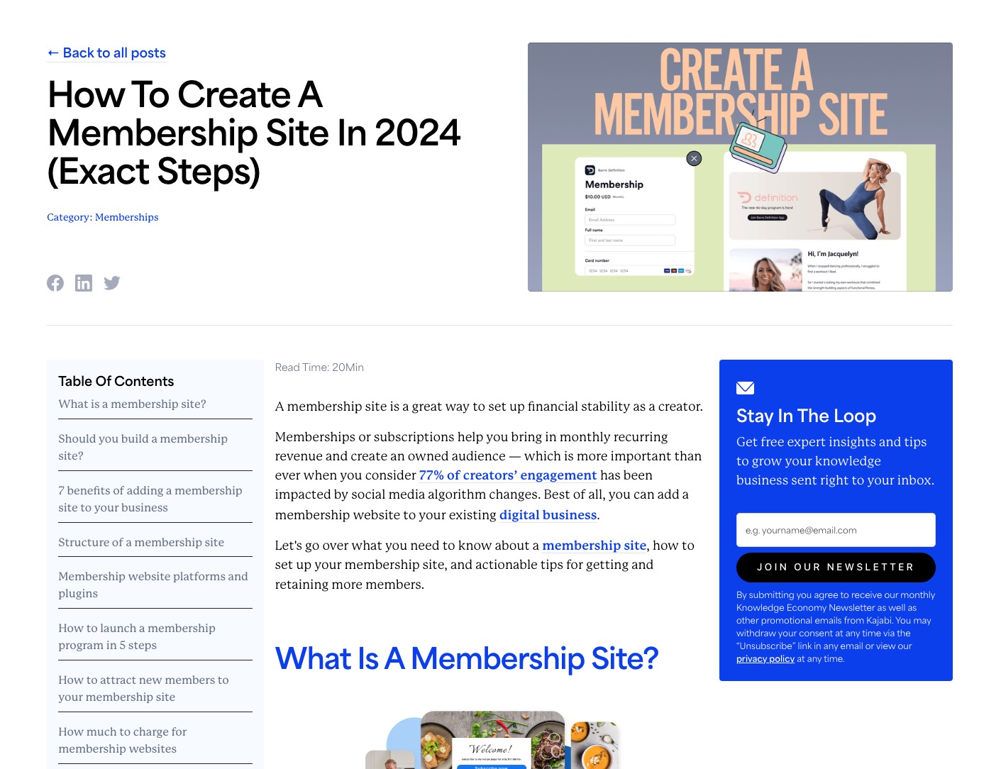 A section of Kajabi's post on "How To Create A Membership Site In 2024 (Exact Steps)"