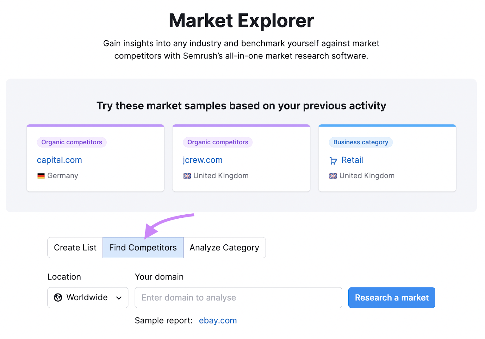 “Find Competitors” tab in Market Explorer tool
