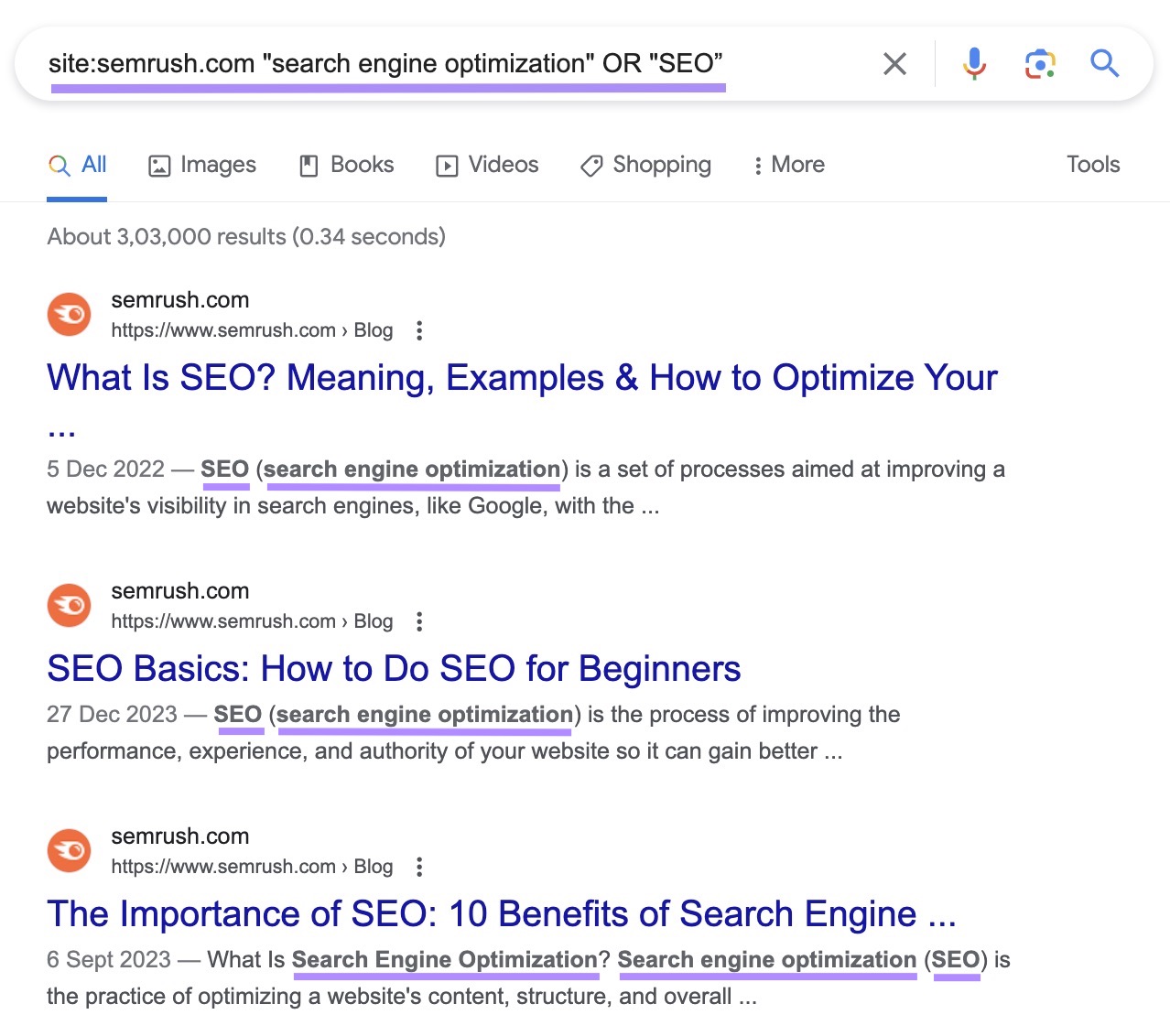 Google's SERP for "site:semrush.com "search engine optimization" OR "SEO”” site search