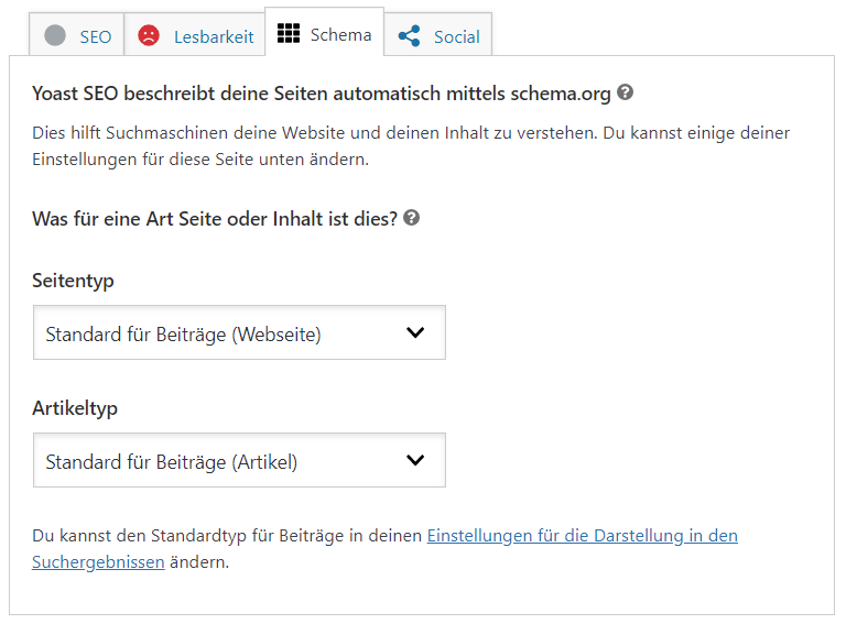 Angaben über Content für Schema-Markup in Yoast SEO