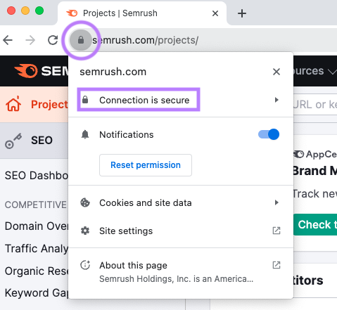 Padlock icon and "Connection is secure" highlighted next to "semrush.com/projects/"