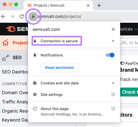 Icône de cadenas et "La connexion est sécurisée" en surbrillance à côté de "semrush.com/projets/".