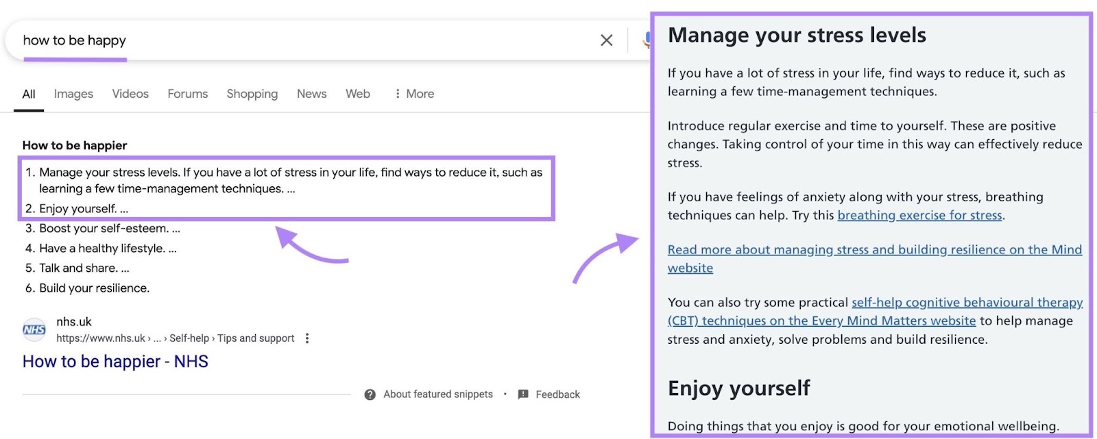 Featured snippet for nan connection "how to beryllium happy" pinch nan database snippet extracted from nan main headings of nan featured article and displayed arsenic steps.