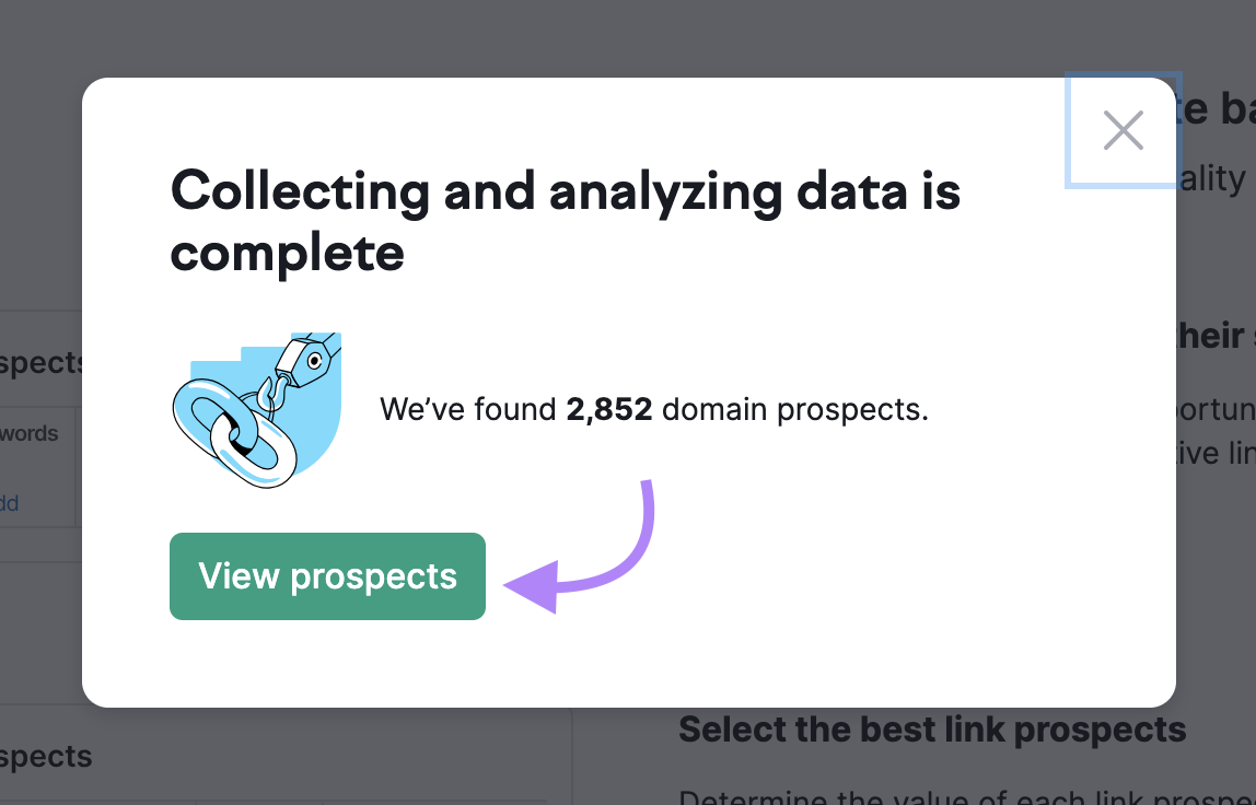 "Collecting and analyzing data is complete" page with "View prospects" button highlighted