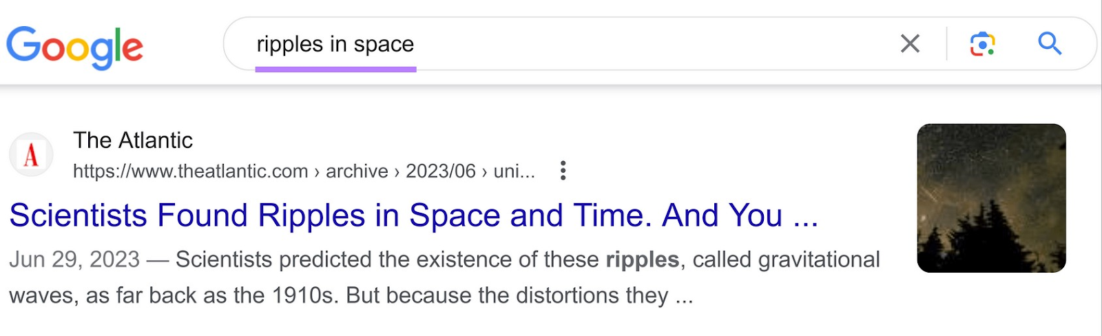 an article from The Atlantic is the first results in Google SERP for “ripples in ،e” query