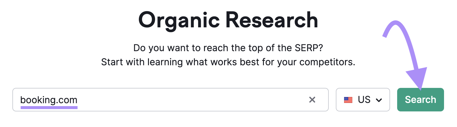 "booking.com" entered into the Organic Research tool search bar