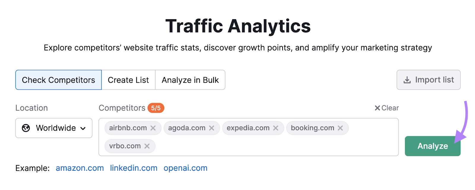 Entering domains to Traffic Analytics tool