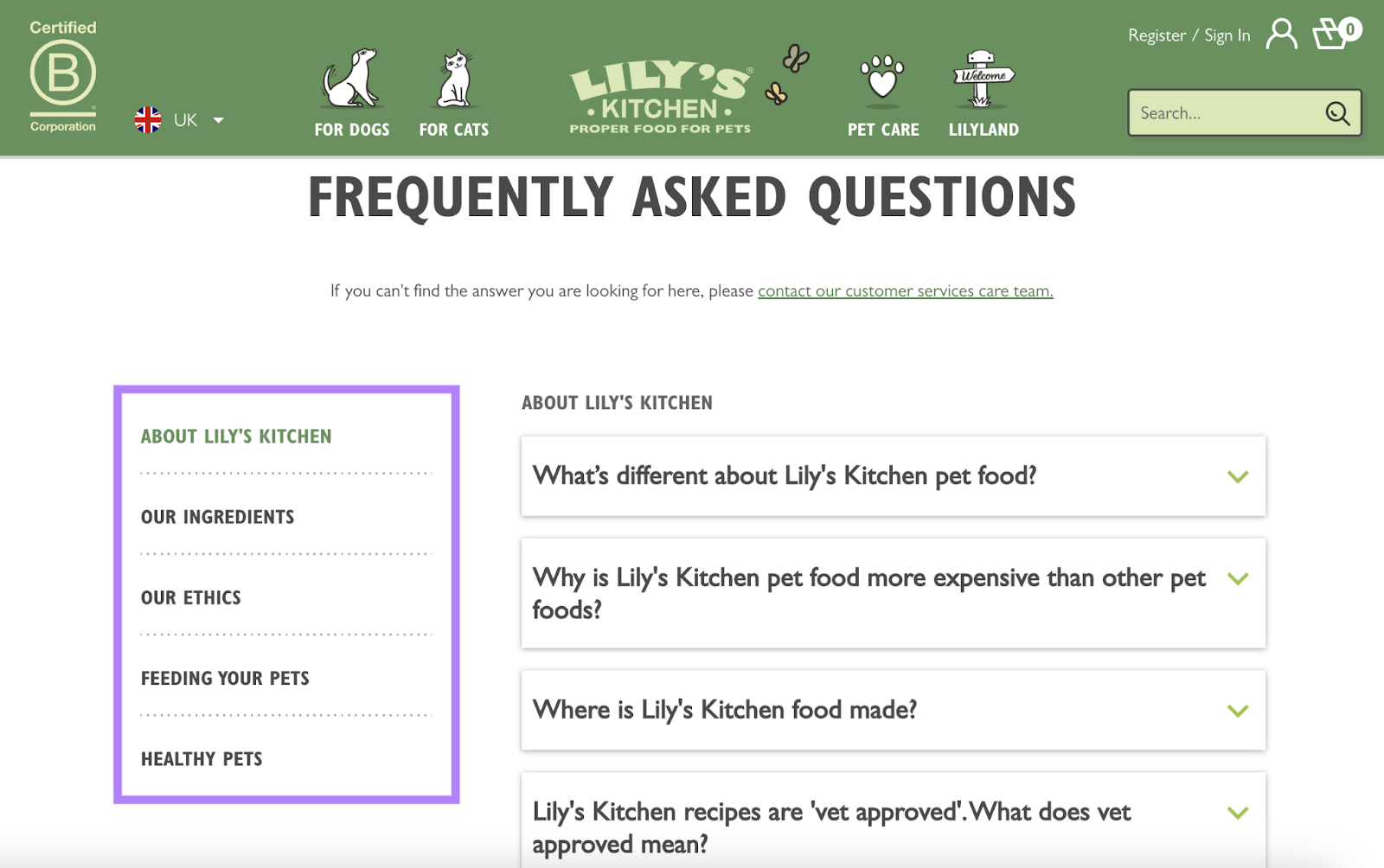 faqs in the lefthand navigation help you navigate the full page by topic such as ethics, ingredients, and ،w to feed your pets