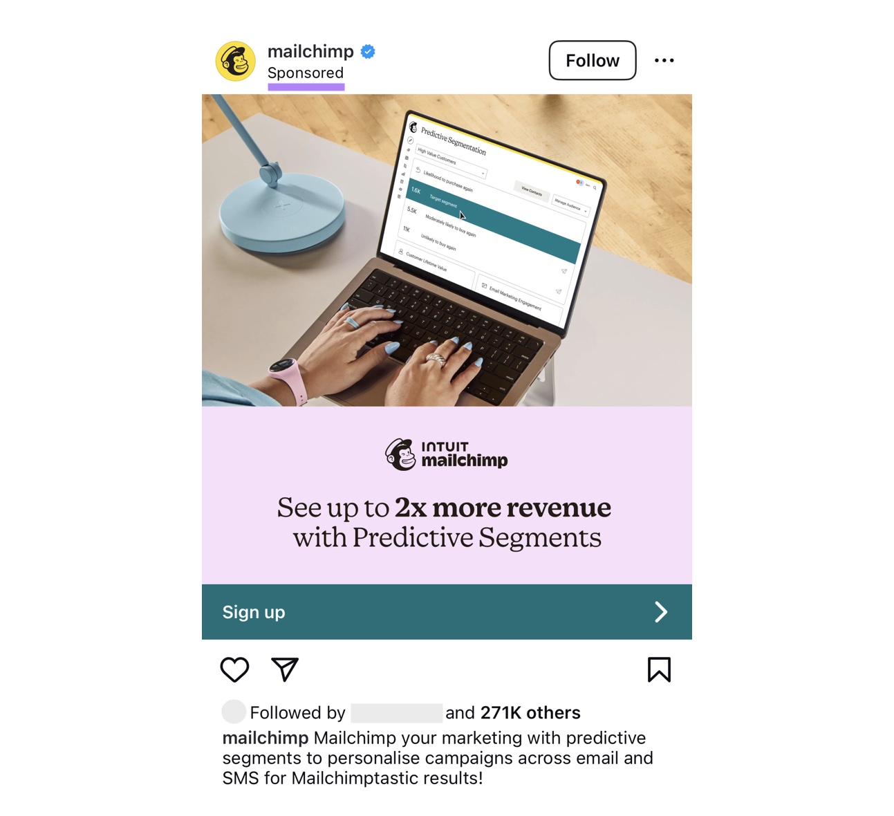 An Instagram ad by Mailchimp with the "Sponsored" tag highlighted.