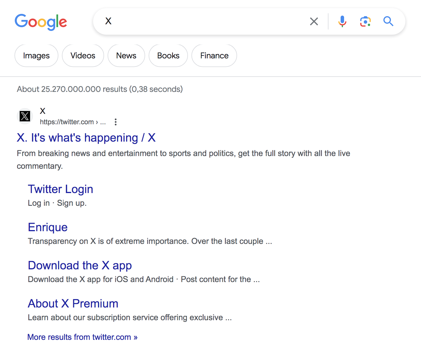 Google's result for logging in or signing up for X
