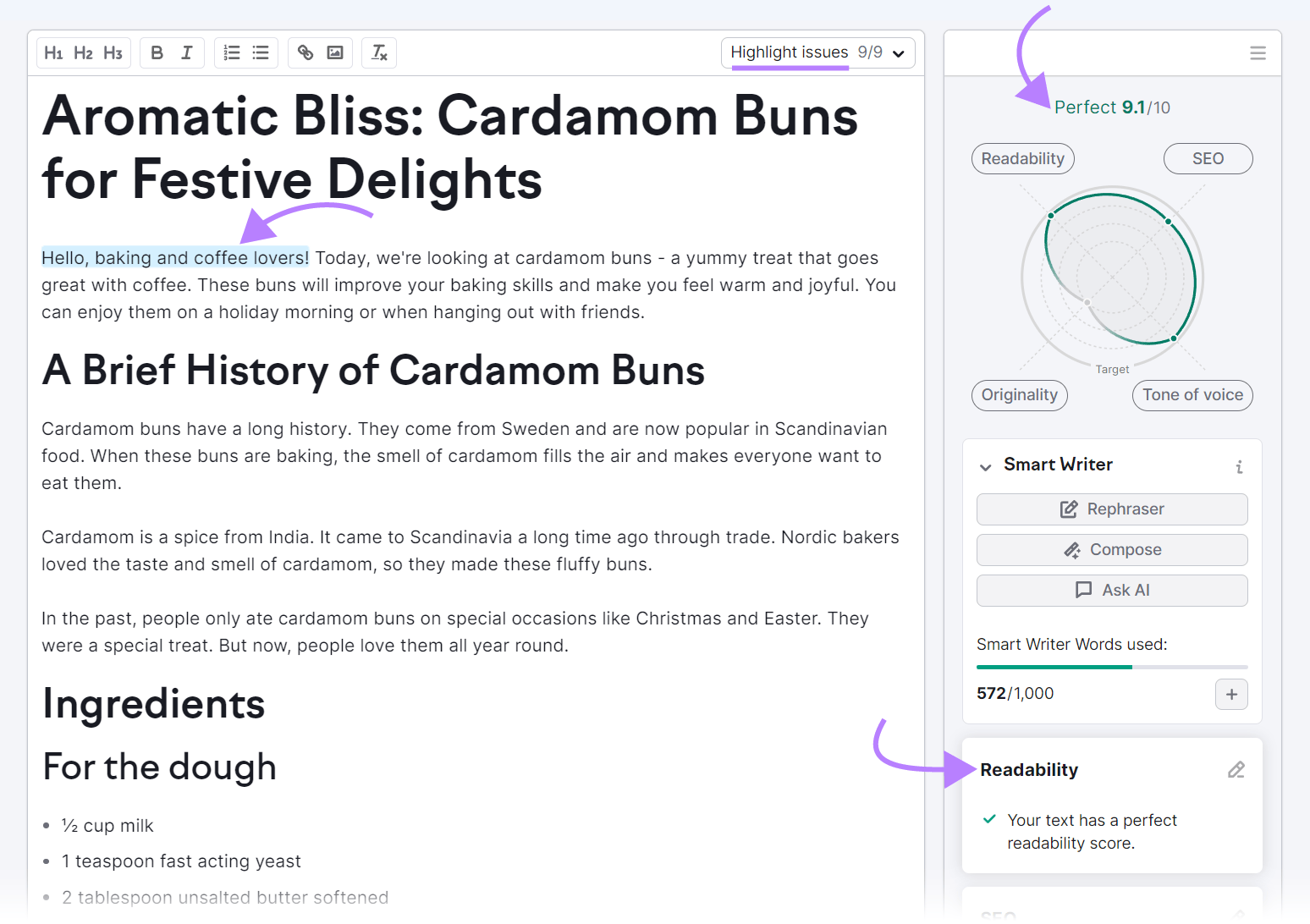 SEO Writing Assistant with an article titled "Aromatic Bliss: Cardamom Buns for Festive Delights" plugged in