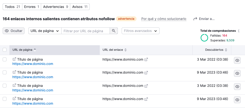 Enlaces internos salientes en Site Audit