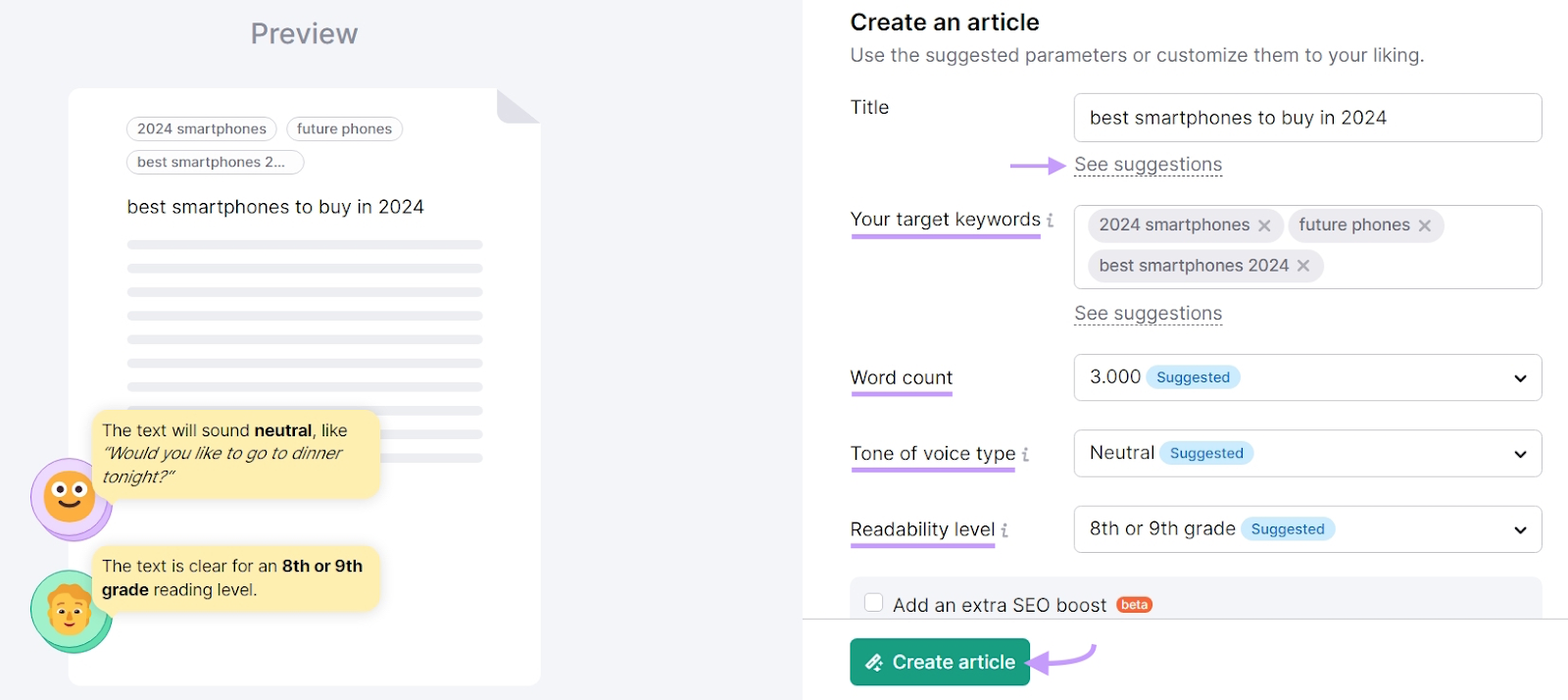 Contentshake AI input field to create an article showing fields to enter details like title, target keyword and word count.