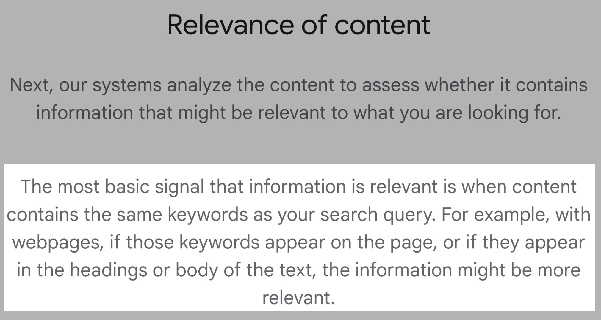 google relevance of content