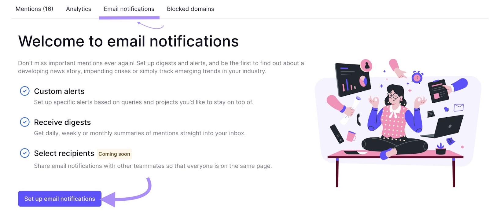 “Email notifications” tab in Brand Monitoring app