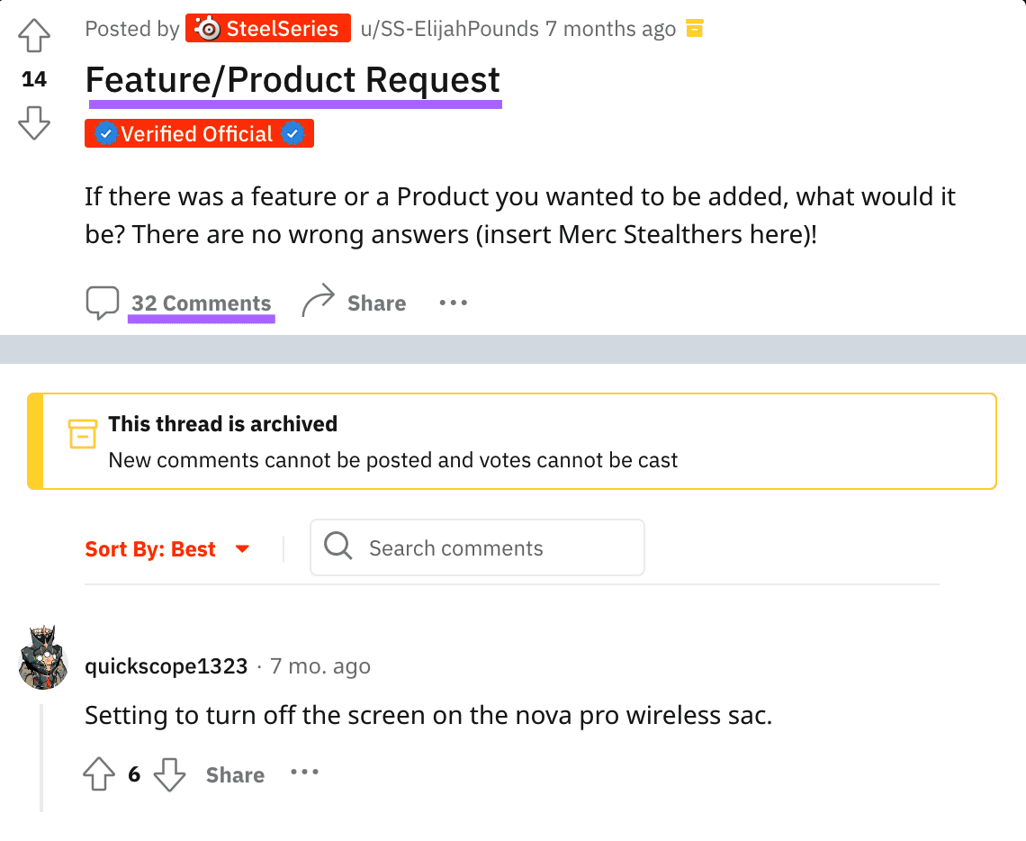 "Feature/Product Request" subreddit page