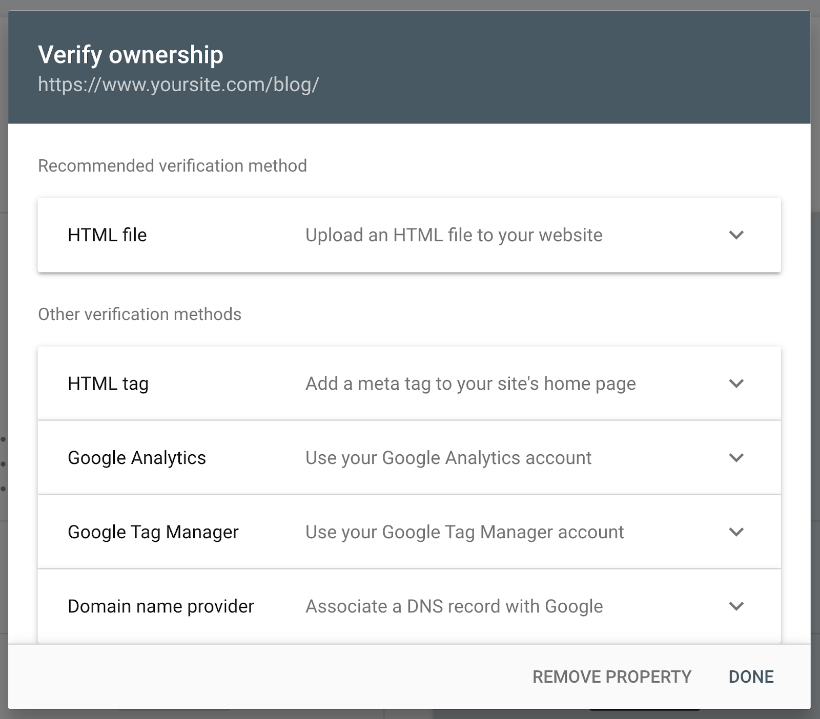 "Verify ownership" page in Google Search Console
