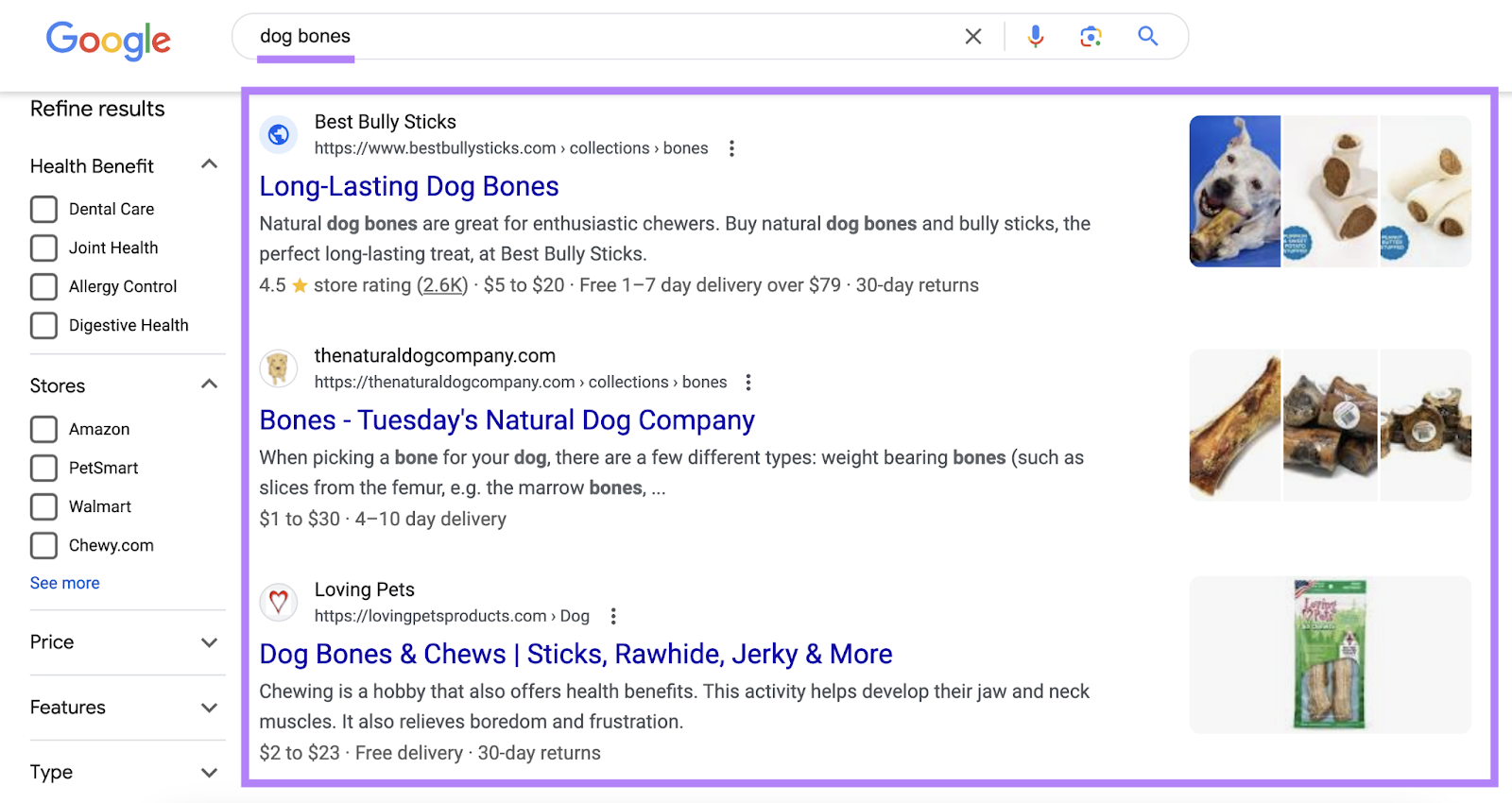 search for "dog bones" shows results for dog bones and chews from different websites