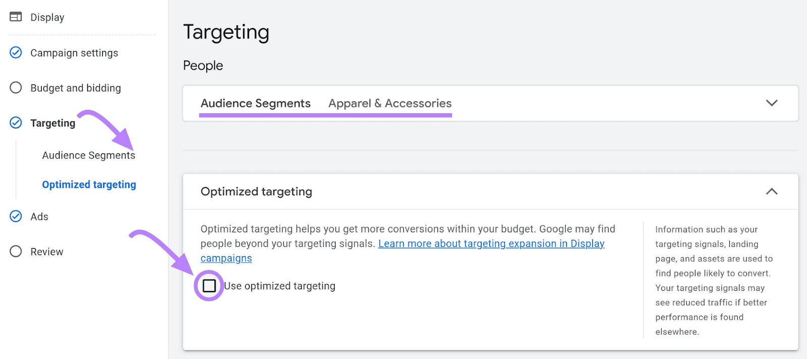 Turning optimized targeting off in Google Ads