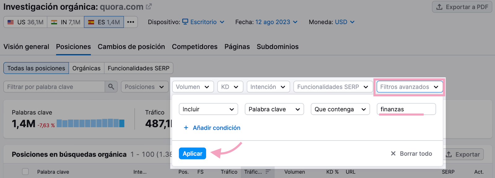 Si operas en el sector de las finanzas, puedes filtrar el informe para que muestre las palabras clave que incluyan la palabra "finanzas"