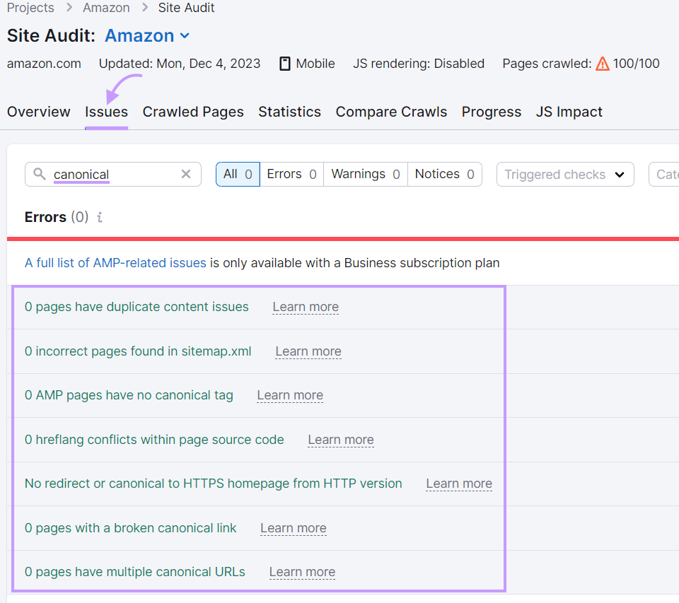 Results for "canonical" under Site Audit' "Issues" tab