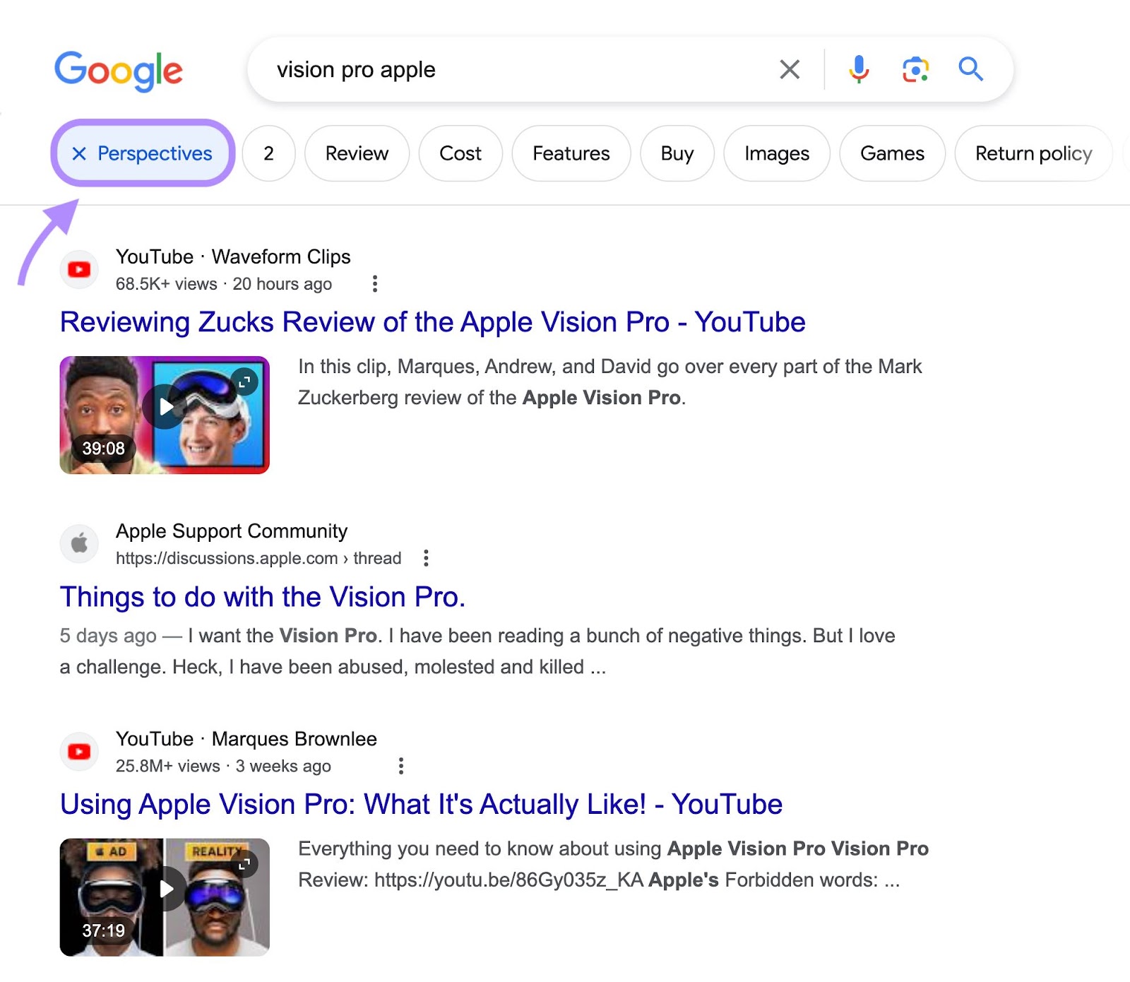 “Perspectives” filter connected  Google SERP