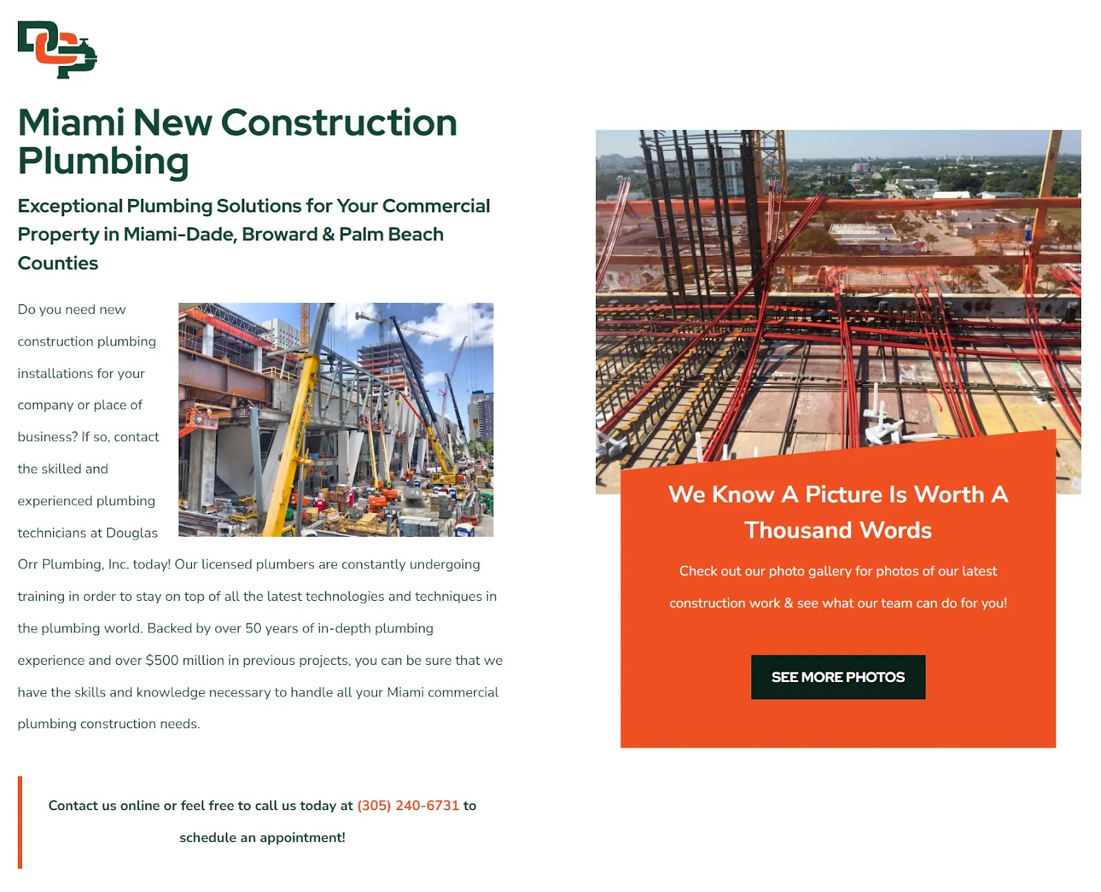 a landing page from a business focused on new construction plumbing services in Miami