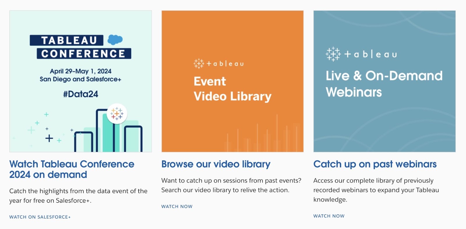 Events and conferences page on "Tableau" include links to a 2024 conference, the video library, and past webinars.