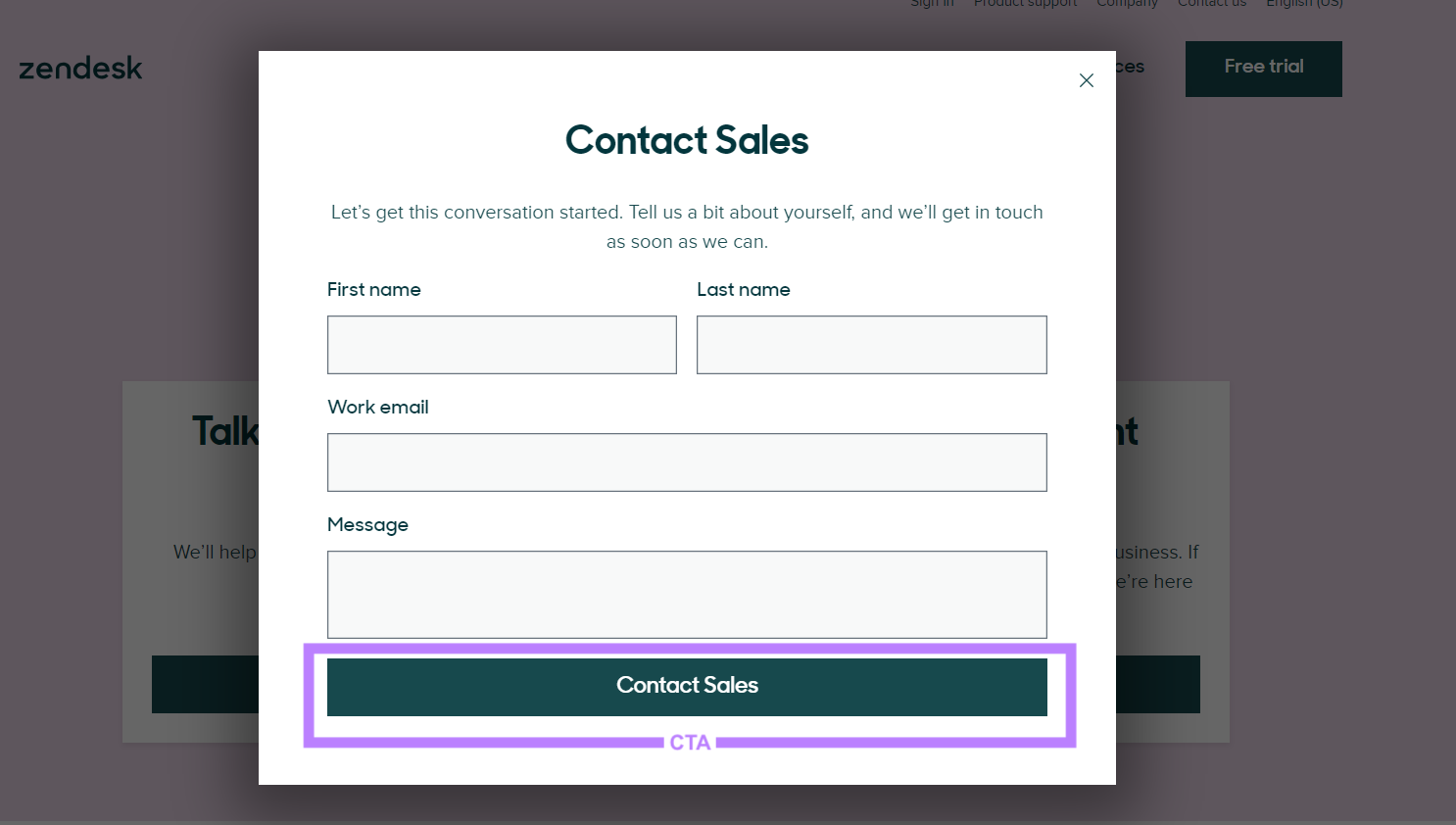 "Contact Sales" CTA on Zendesk's contact form