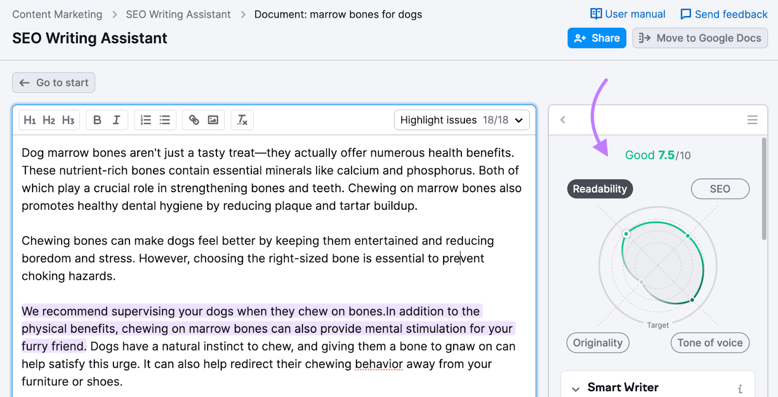 SEO Writing Assistant editor with content scores shown on the right-hand side