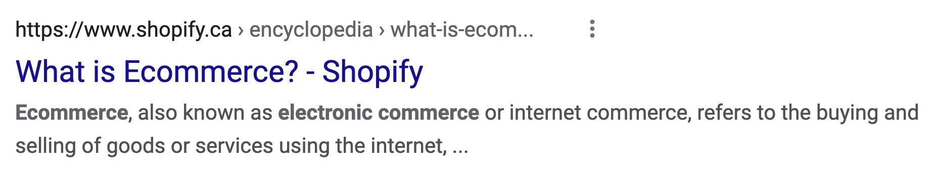 An organic search result for Shopify’s “What is Ecommerce” page with the link, title and meta description