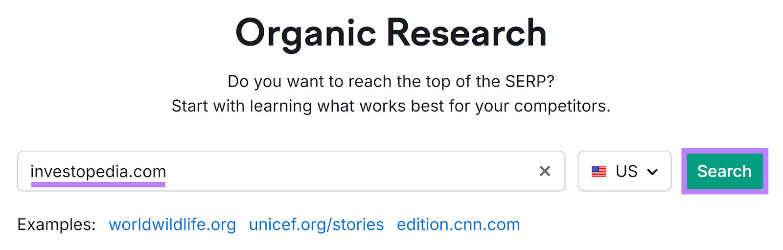 Organic Research tool start with domain entered and Search button highlighted