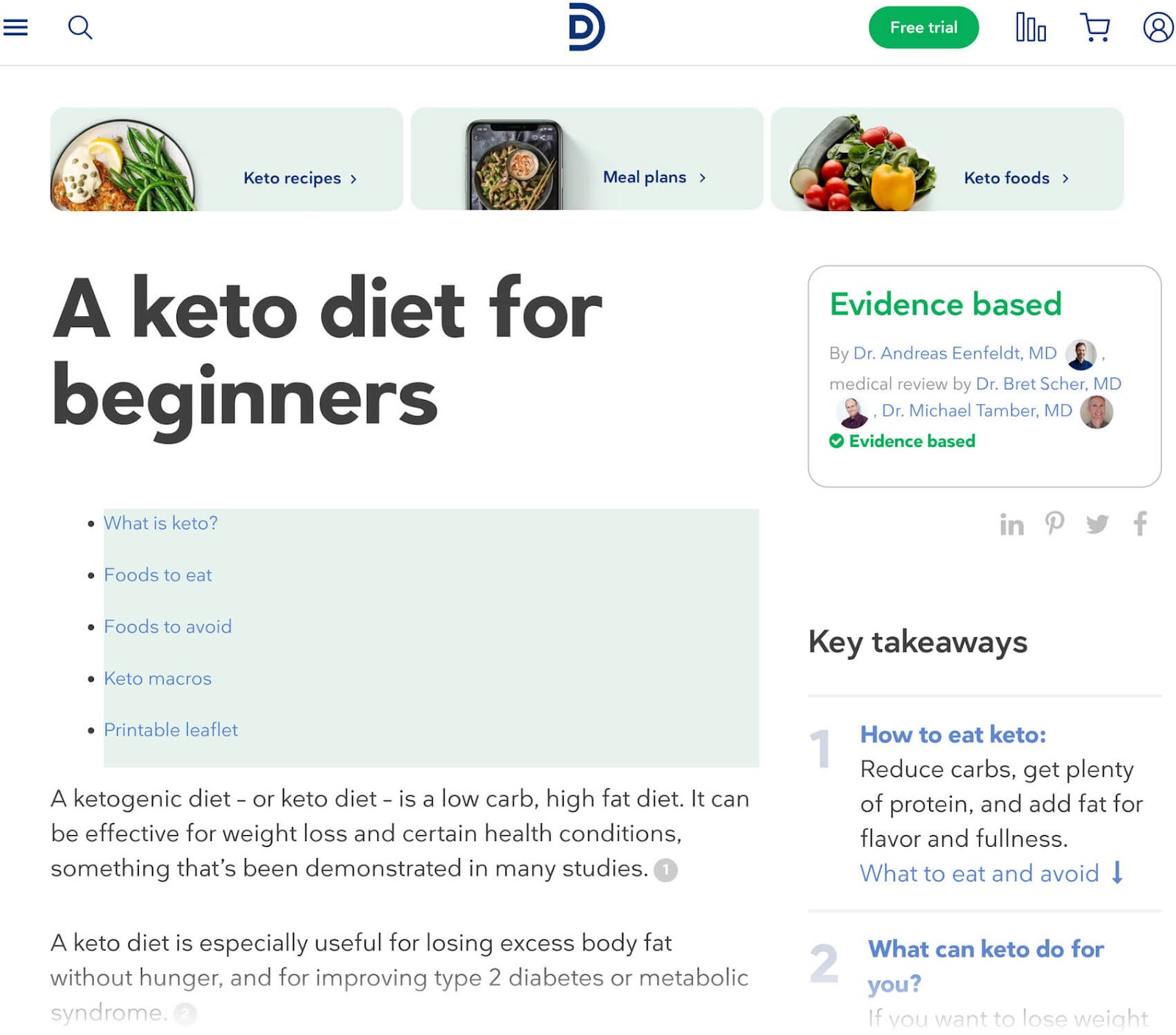 Web guide for "A keto diet for beginners," with navigation options to subtopics like "Keto recipes" and "Meal plans."