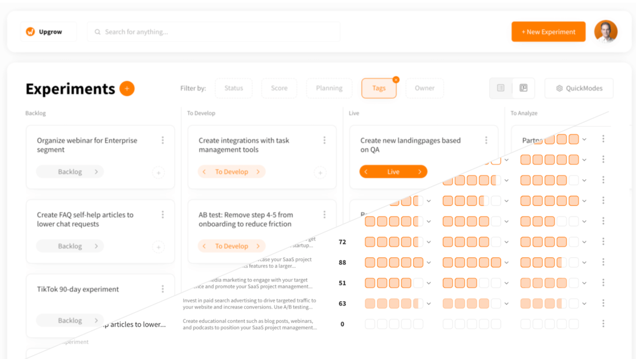 UpGrow's experiments dashboard