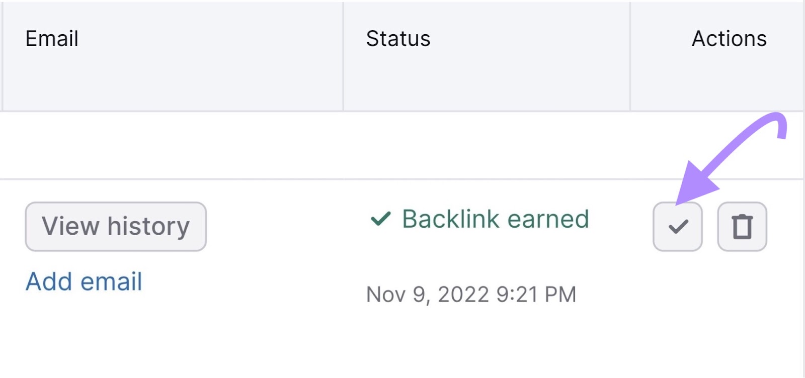"Backlink earned" checkmark in Link Building Tool