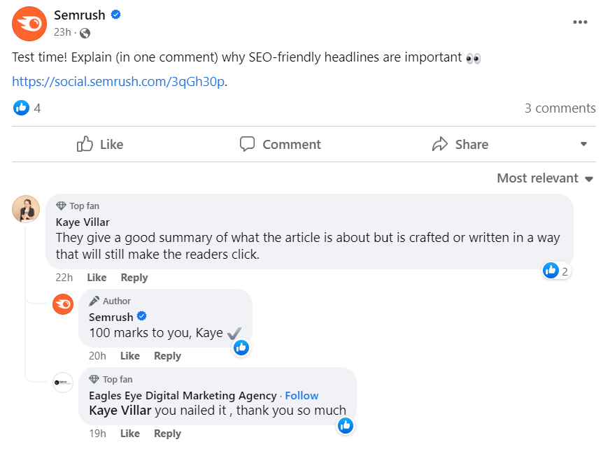Semrush responding to a comment under its LinkedIn post