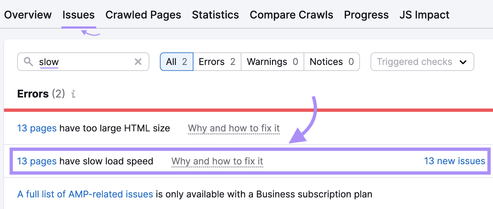 "13 pages have slow load speed" line highlighted under the “Issues” tab in Site Audit