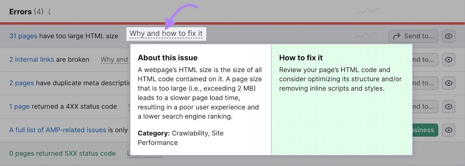 an example of "Why and how to fix it" section from the Site Audit tool