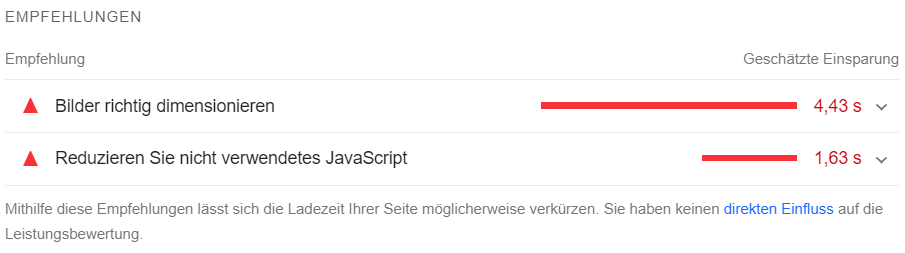 Screenshot: Empfehlungen in PageSpeed Insights