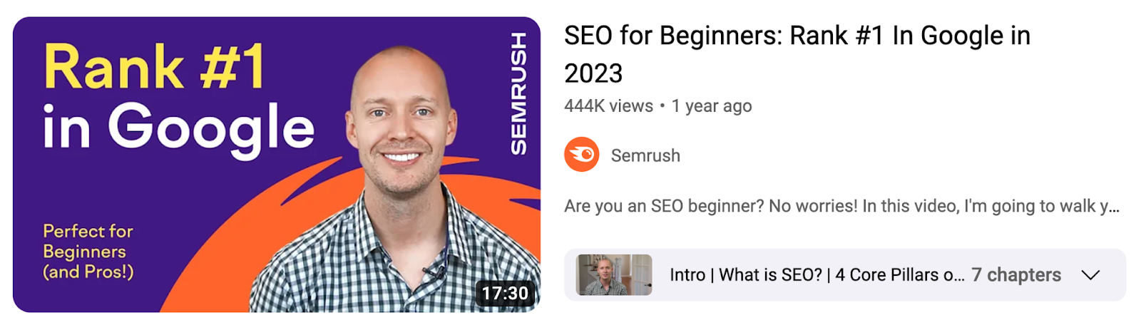 A YouTube video by Semrush titled "SEO for Beginners: Rank #1 in Google in 2023"