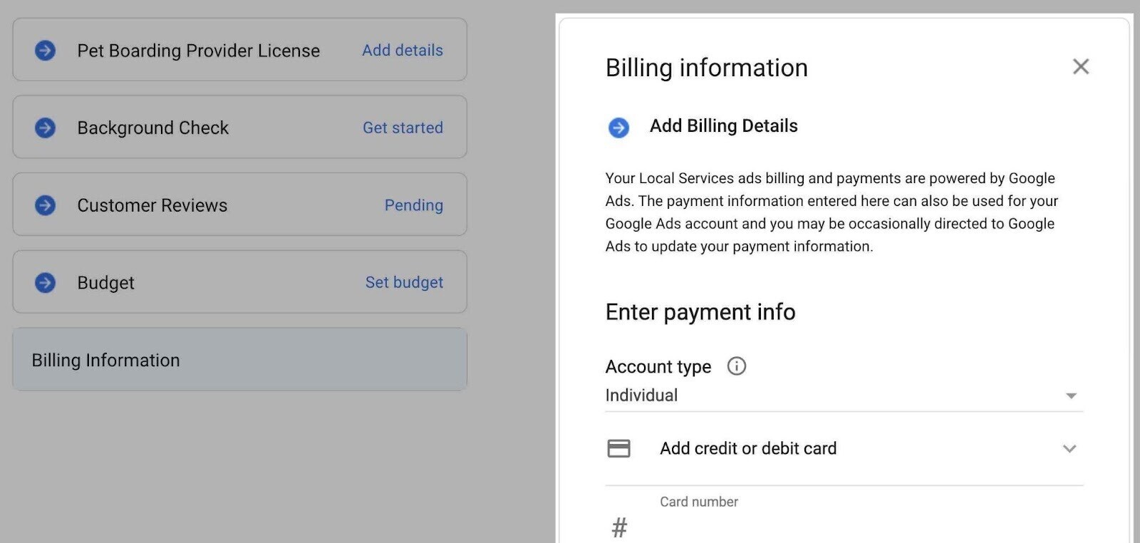 Billing information page