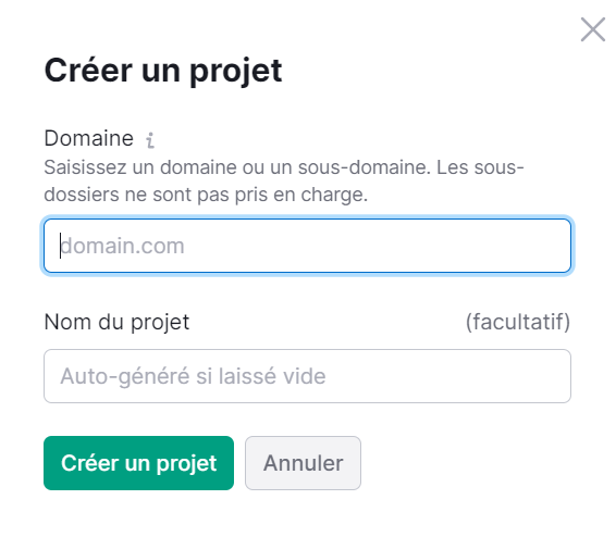 Créer un projet pour Suivi de position de Semrush