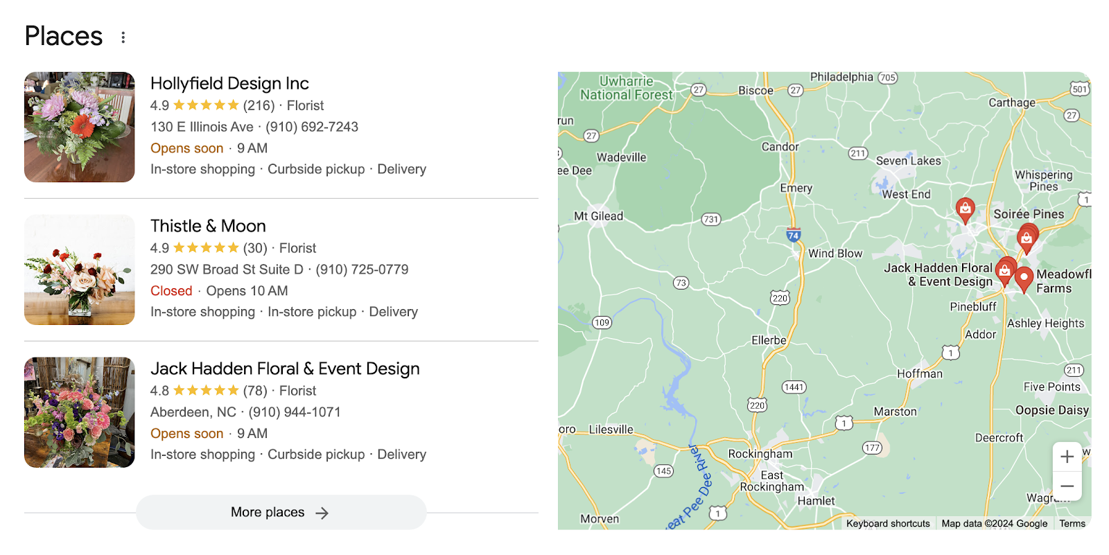 Google SERP results for florists showing a list of three businesses and a map with florists’ locations