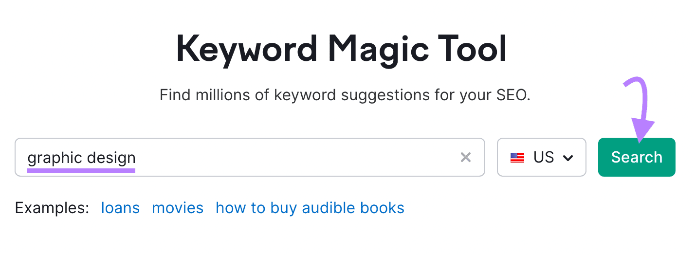 "graphic design” entered into the Keyword Magic Tool search bar