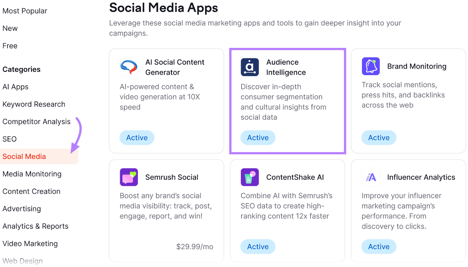 Semrush app center UI listing social media apps, showing "Audience Intelligence" in a purple box.