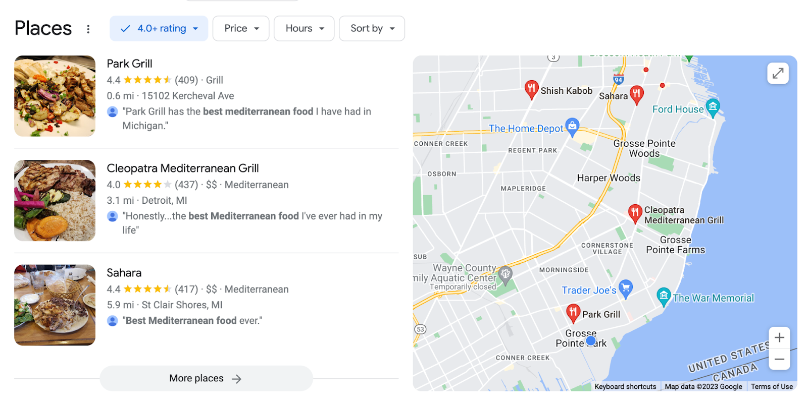 "Places" section on Google for “best Mediterranean food near me” search in Detroit