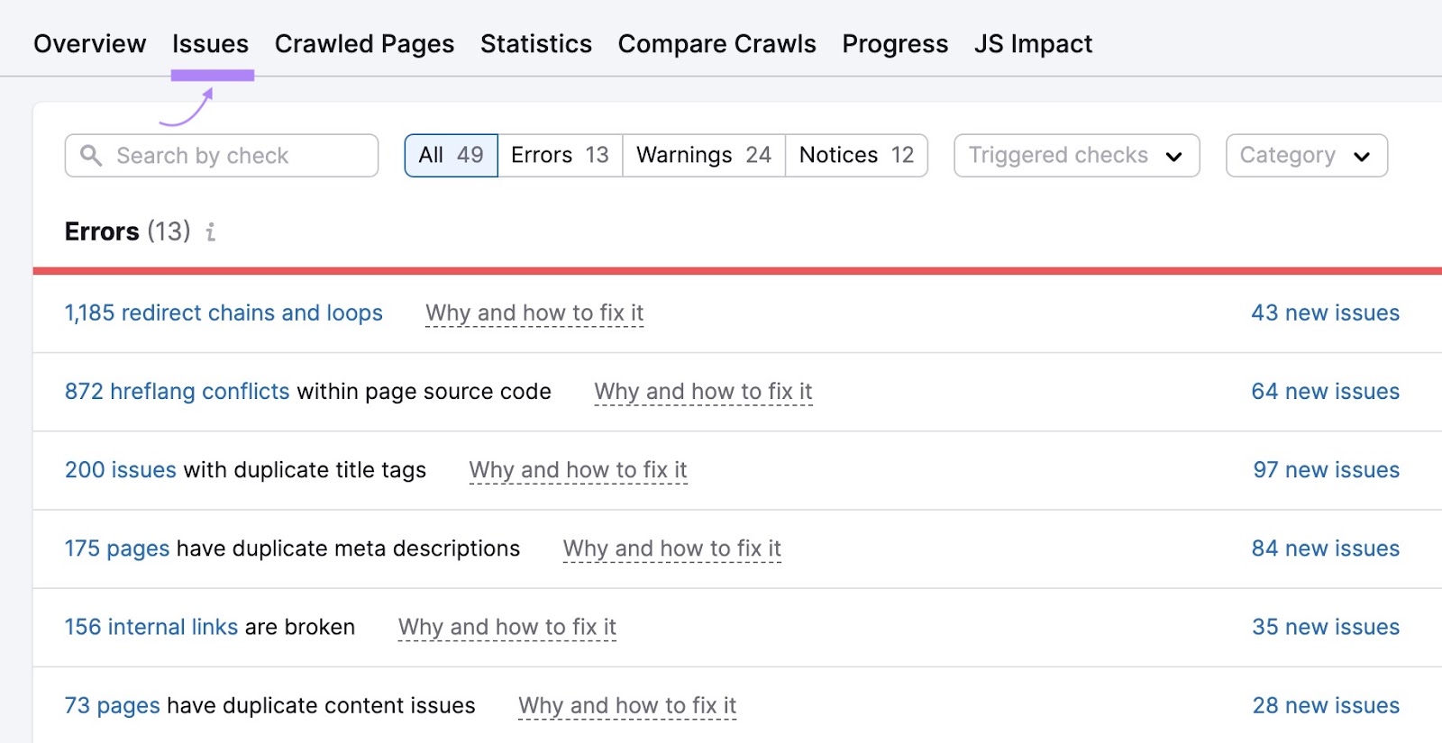 Best Practices for SEO Site Structures 13 "Issues" tab on Site Audit showing a list of website issues like redirect chains and loops, hreflang conflicts, etc.