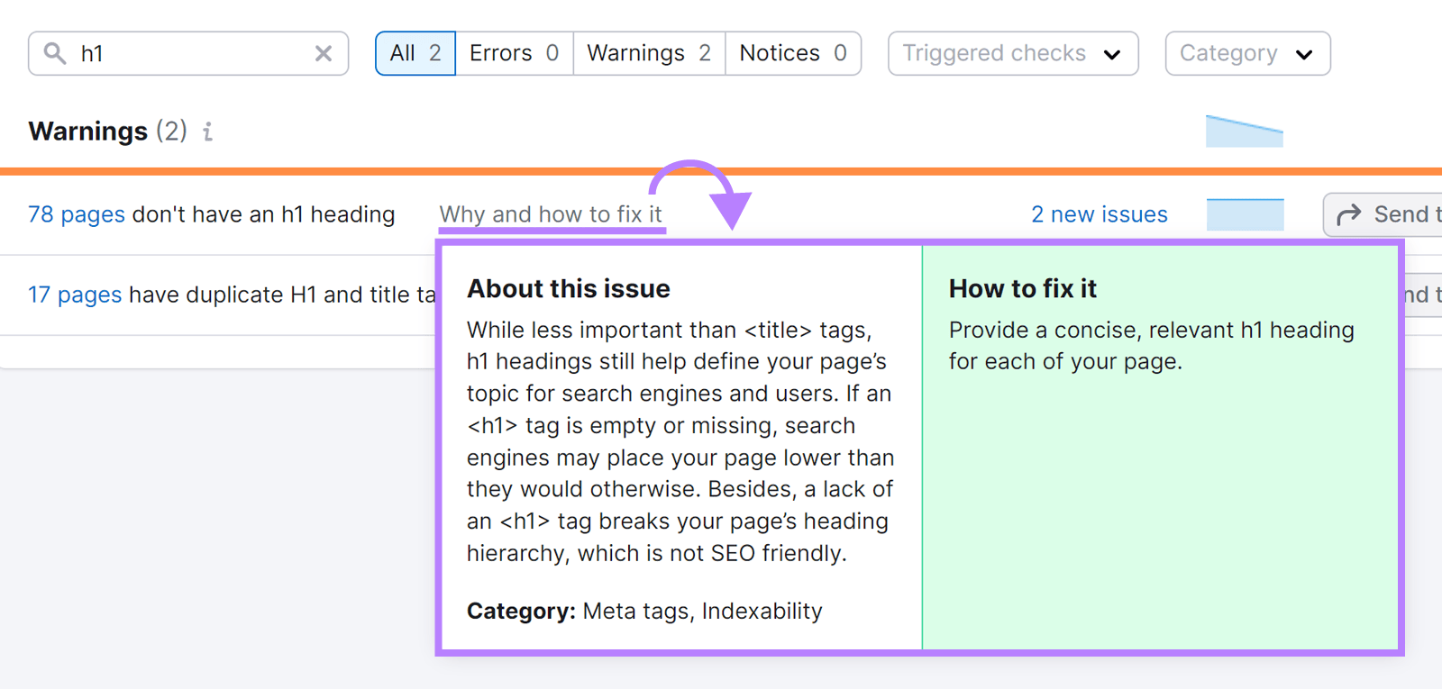'Why and how to fix it' popup with arrow pointing from text to popup.