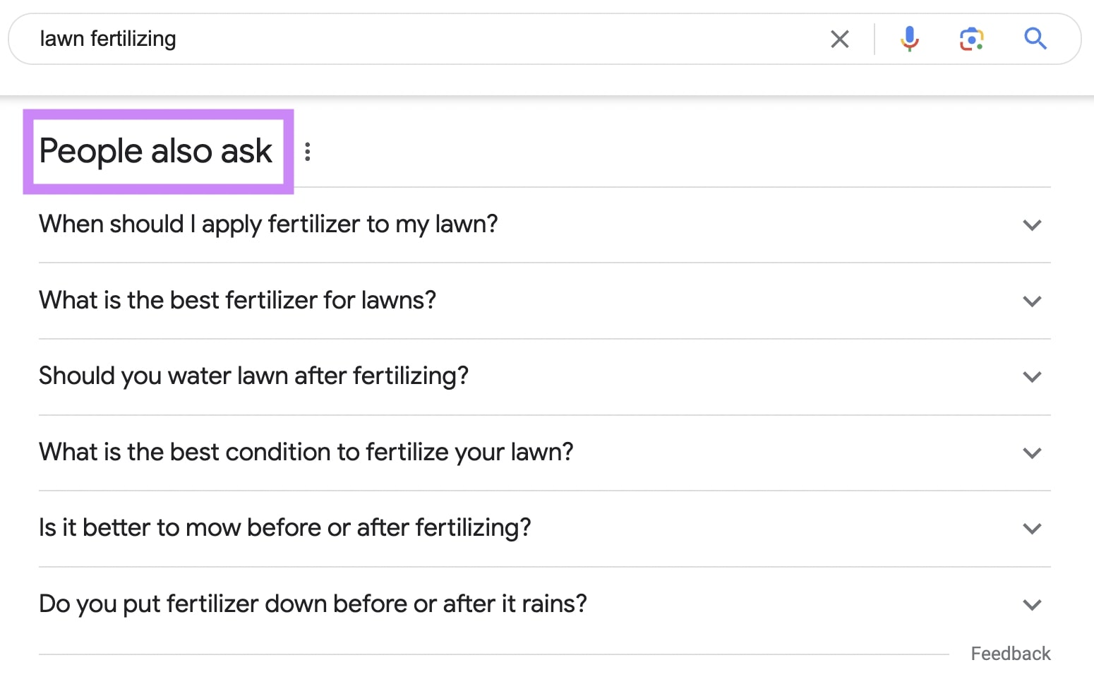 "People also ask" section on Google for "lawn ferrtilizing" query