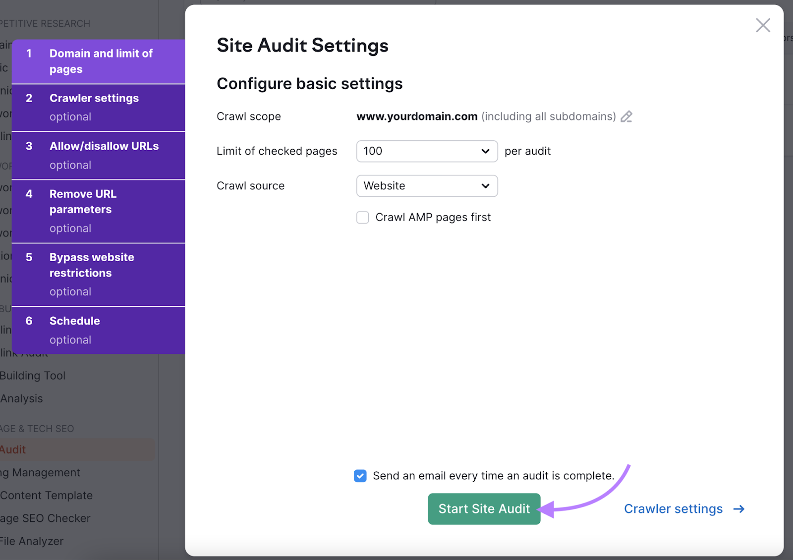 Site Audit Settings page in the Site Audit tool